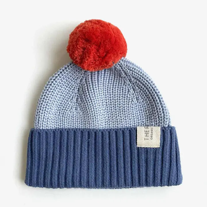 Chunky Colour Block Beanie - Navy Sky Tomato